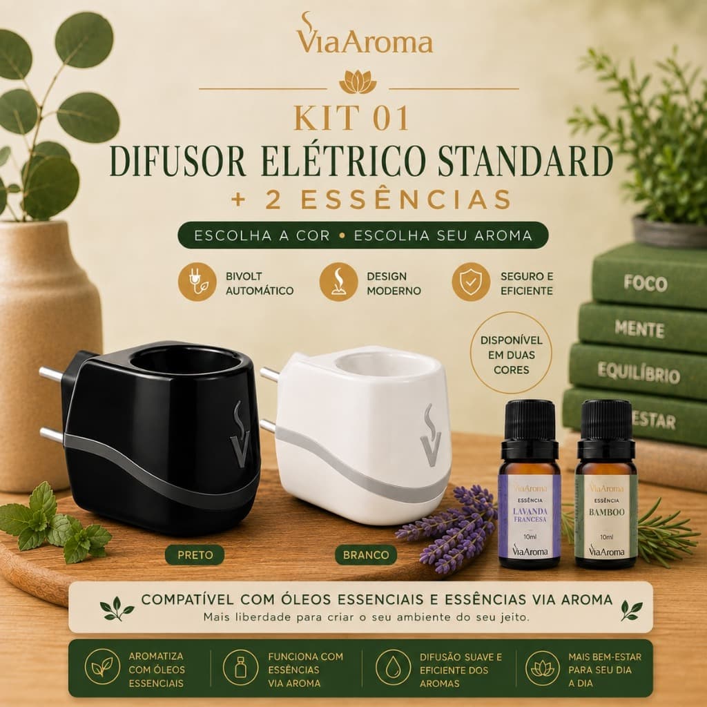 Kit 1 Aromatizador Standard+ 2 Essências Via Aroma - Escolha os Aromas e Cor do Difusor - Defusor Eletrico Tomada Aromas