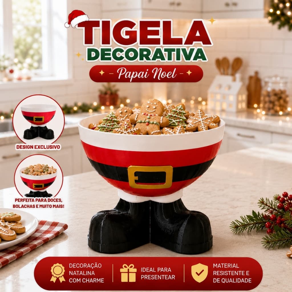 Tigela Decorativa Natalina Papai Noel Porta Doces Bolachas Petiscos Enfeite de Mesa Decoração Natal.