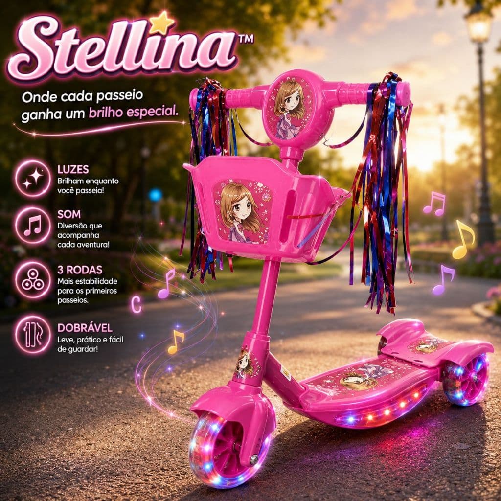 Stellina — Patinete Infantil 3 Rodas Dobrável com Luz e Som. Seguro Estável