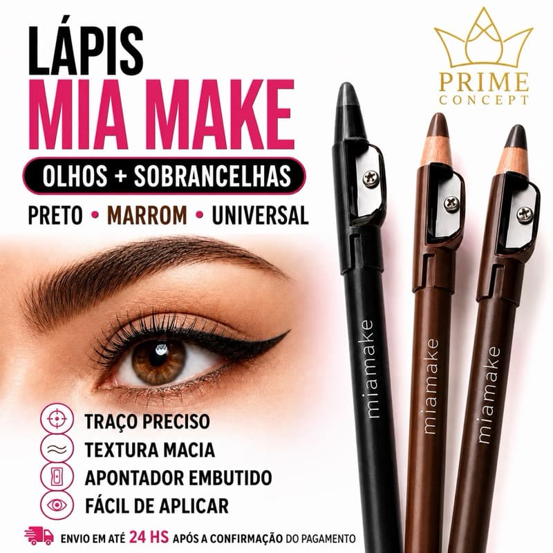 Lápis de Olho e Sobrancelha Mia Make com Apontador Preto Marrom Universal Delineador Maquiagem 1g
