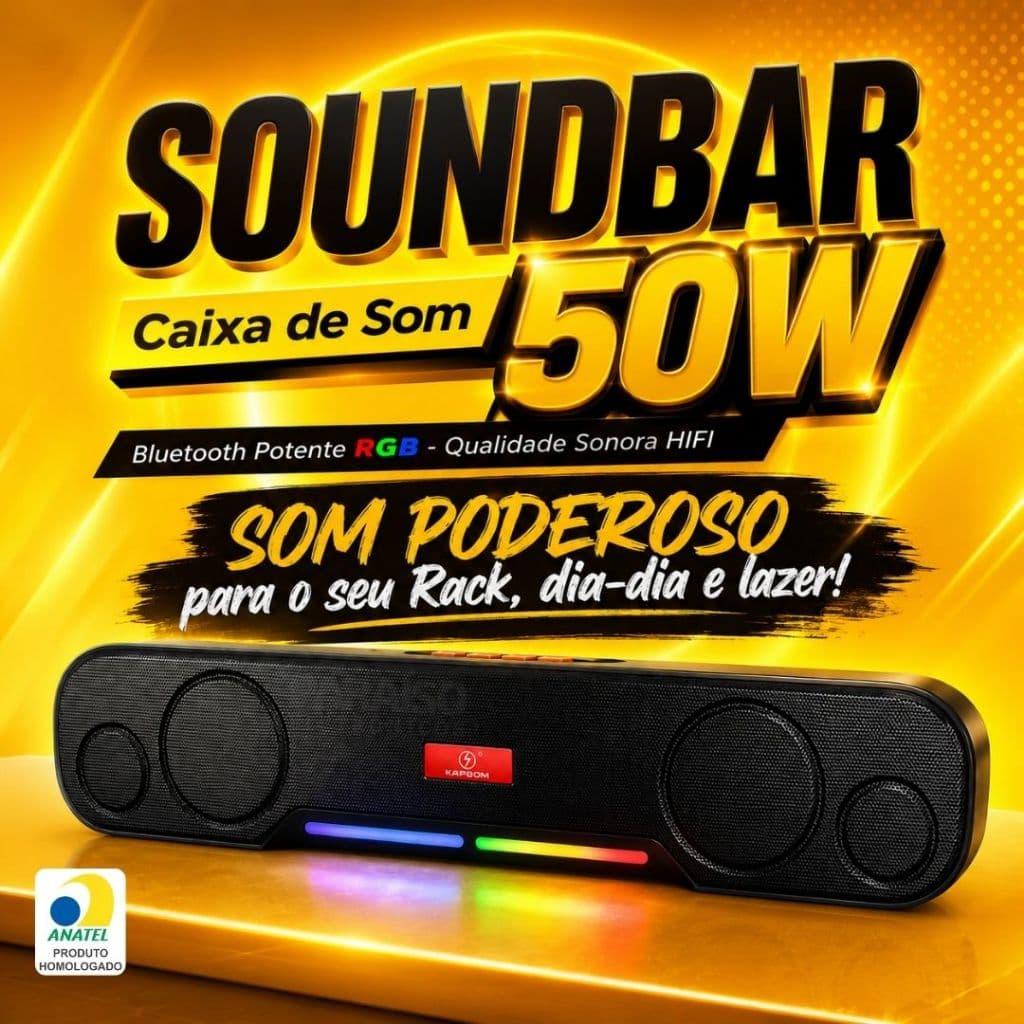 Soundbar e Caixa de Som 50W Bluetooth Potente Premium Home Theater TV PC Gamer Kapbom