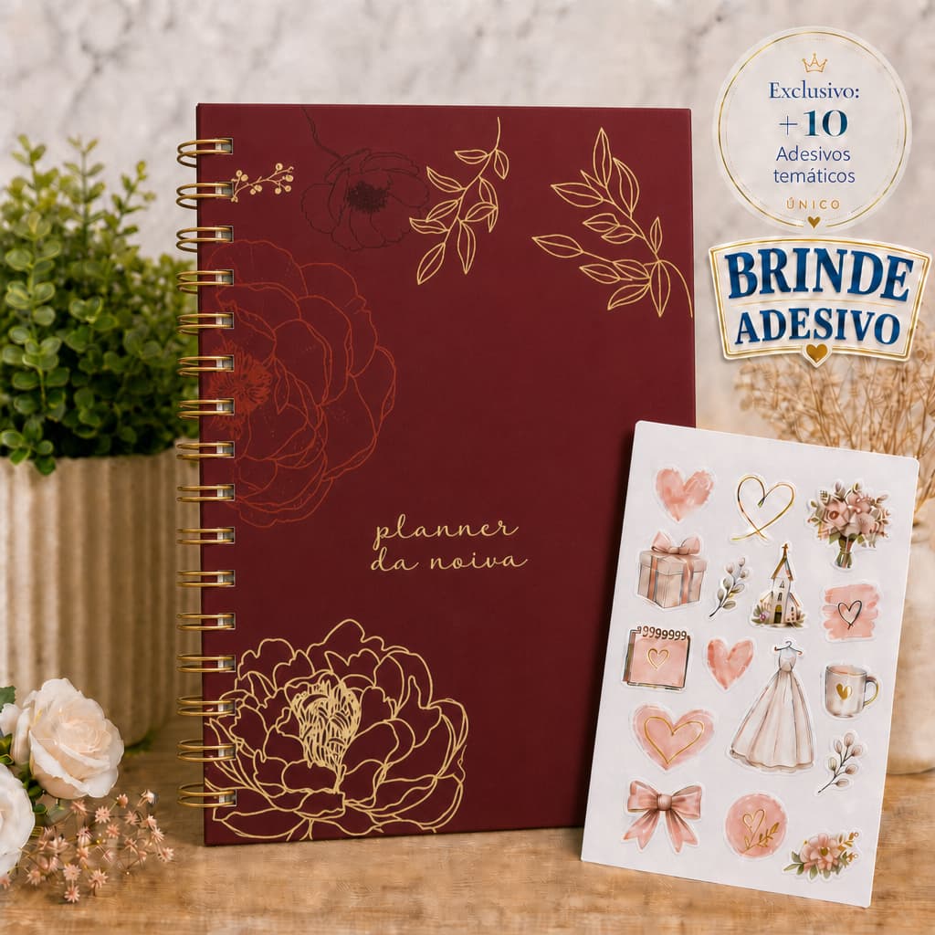 Planner da Noiva Marsala Dourado Agenda Casamento 298 Páginas Personalizado Checklist Organização A5 com 10 adesivos