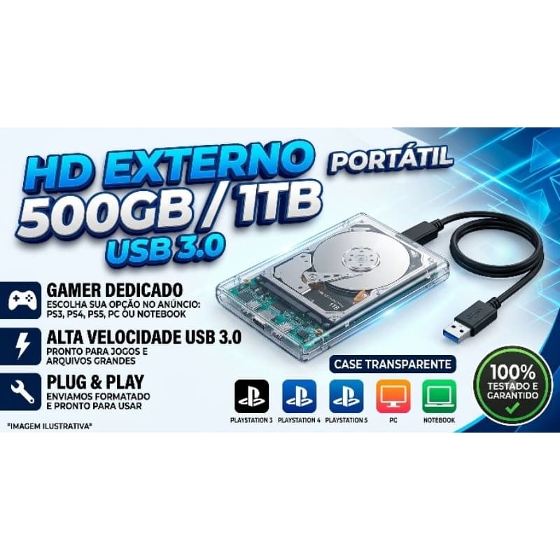 ​HD Externo 500GB / 1TB USB 3.0 Case Transparente - Para PS3, PS4, PS5, PC e Notebook