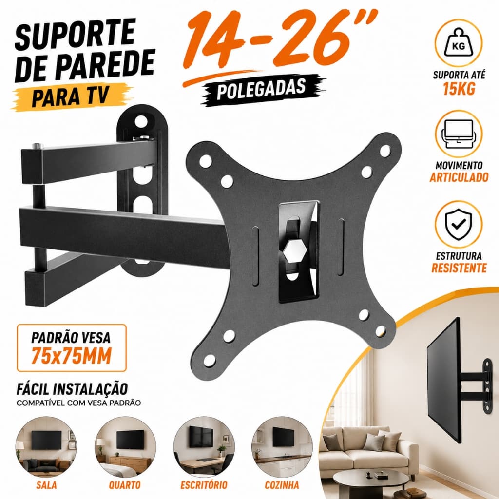 Suporte Tv Tri Articulado Lcd Led Plasma 10 A 26  A 55 Pol Para Parede VESA 75x75mm/100x100mm