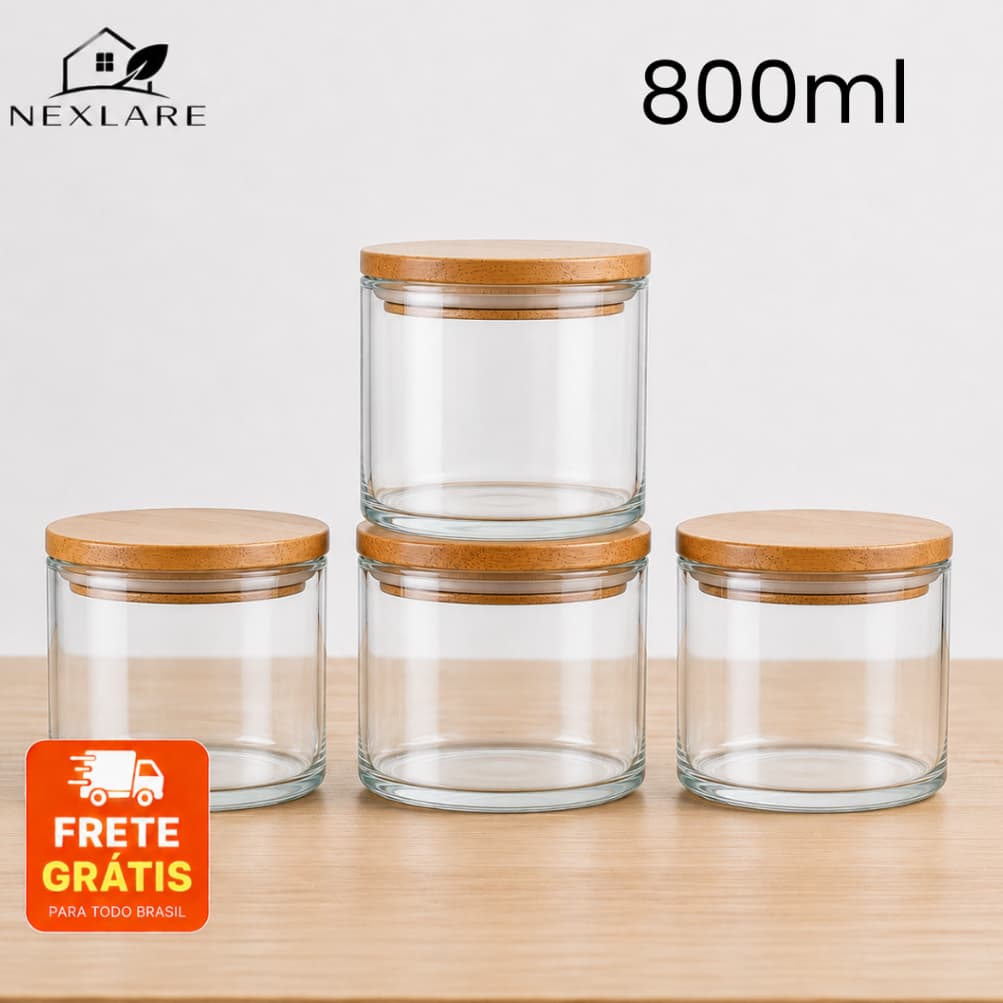 Kit Potes Herméticos de Vidro Borossilicato 800ml Tampa de Bambu Mantimentos Organizador Cozinha 2/3/4