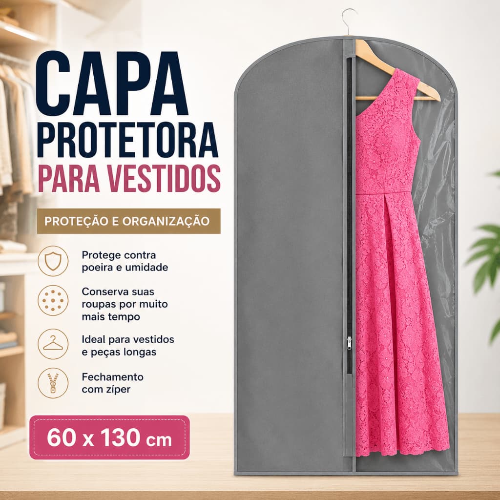 Capa Protetora para Vestido 60x130cm com Visor Transparente Antipó Organizadora de Roupas para Guarda Roupa e Closet