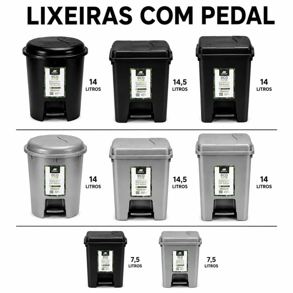 Lixeira Com Pedal Linha Eco Flow Rainha - Preta e Prata 14,5 , 14 e 7,5 Lts