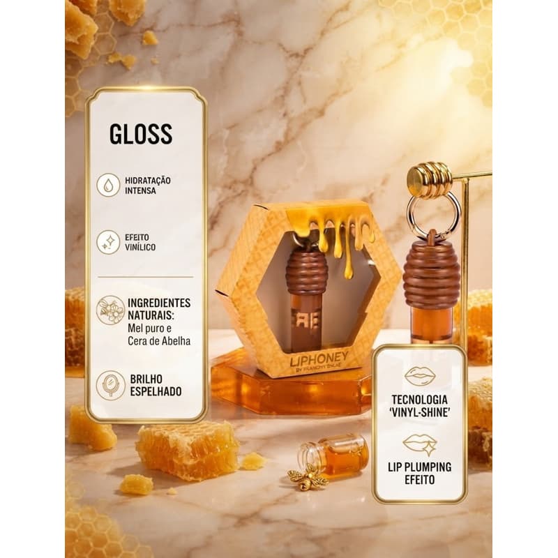 Gloss labial, gloss hidratante, lip honey, gloss com mel, efeito vinílico, brilho espelhado, lip plumper.