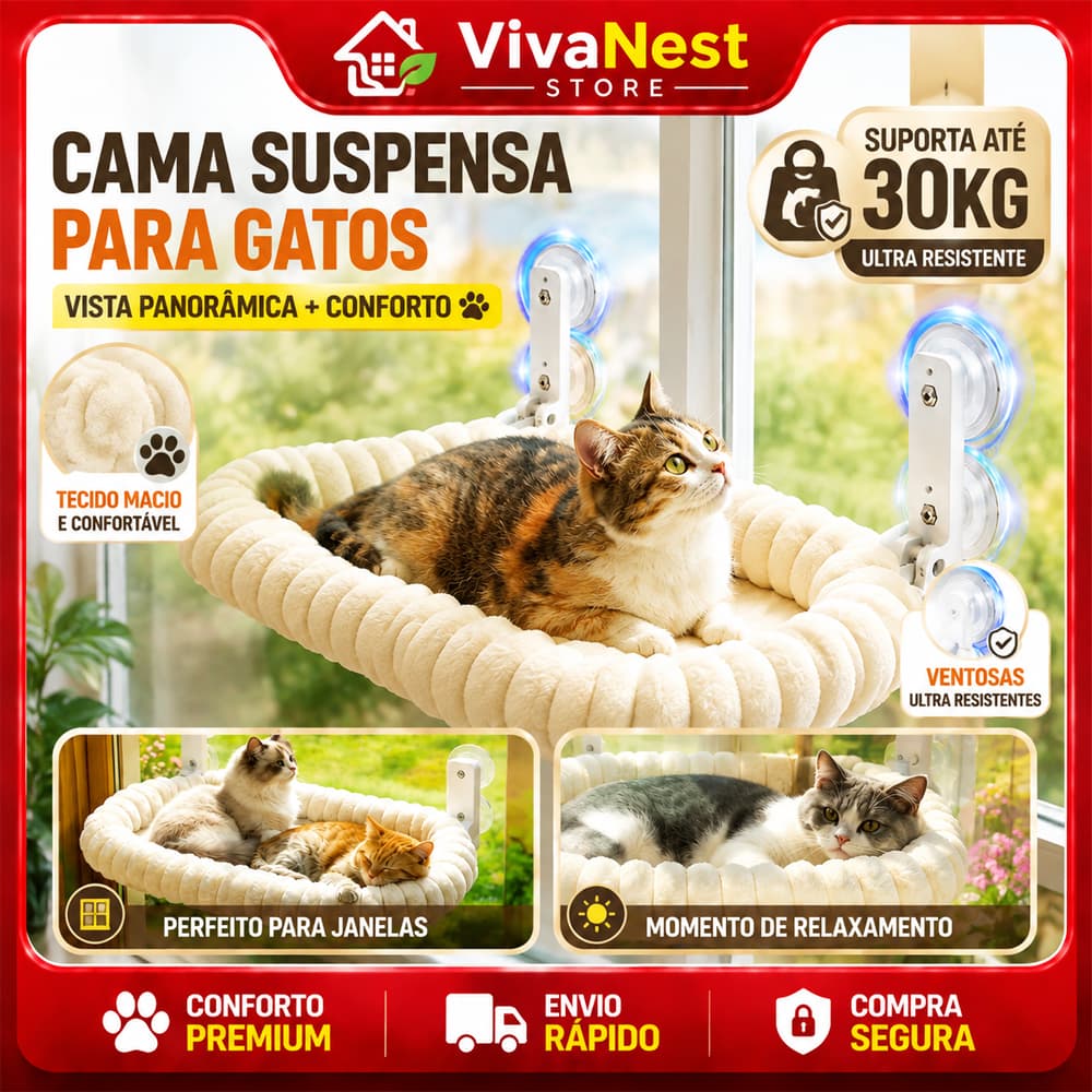 Cama de Janela para Gato Suspensa com 4 Ventosas Rede Pelúcia Ideal para Relaxamento e Sonecas