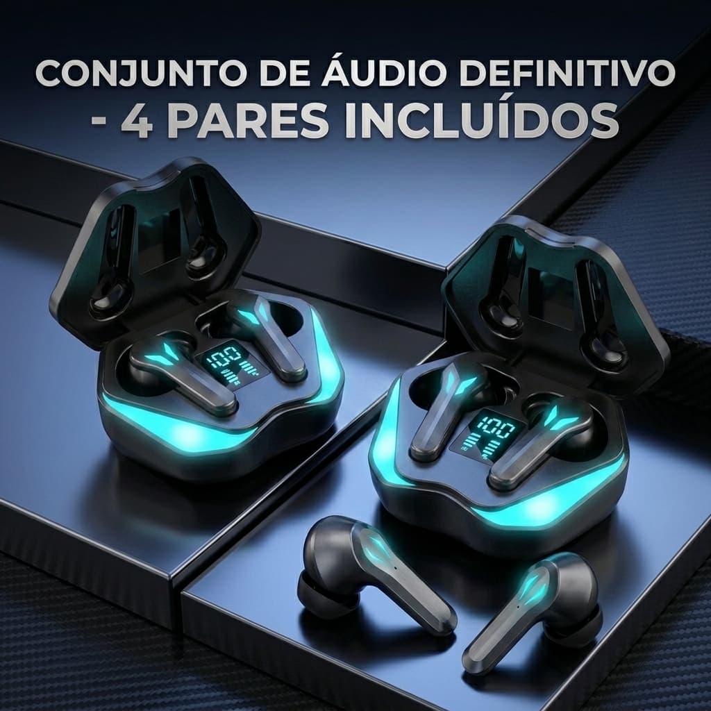 Kit 4 Pares Fones De Ouvido Gamer Bluetooth 6.0 RGB Display IPX5 Microfone TWS Bateria Longa Quadruplo Jogos Android iOS