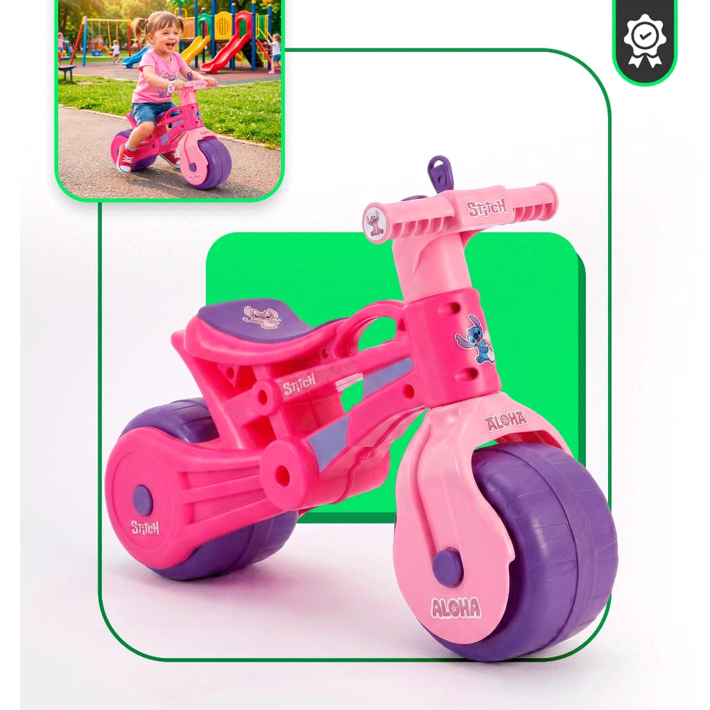 Bicicleta de Equilíbrio Stitch Rosa Infantil Sem Pedal Balance Bike Menina 2 Rodas Interativa