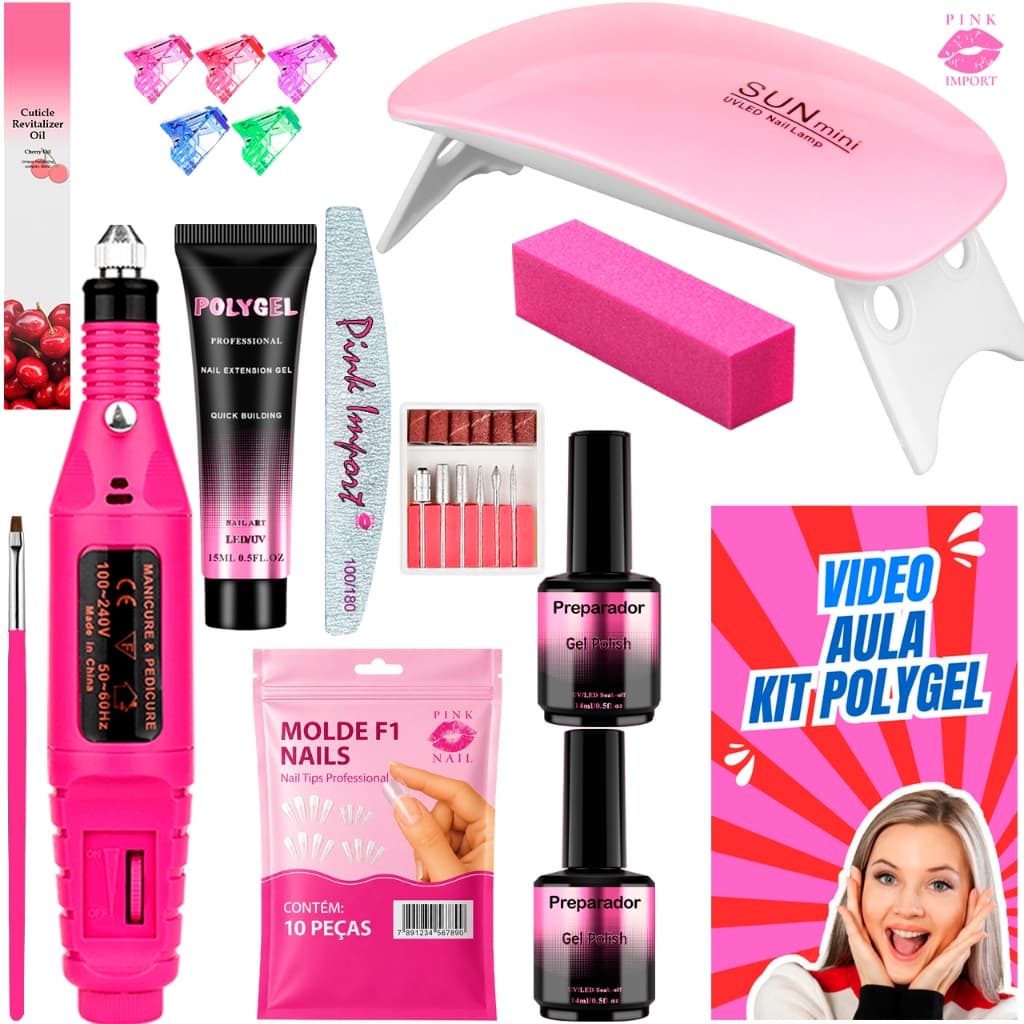 Kit de Unha Completo Polygel Cabine Sun Lixadeira Caneta