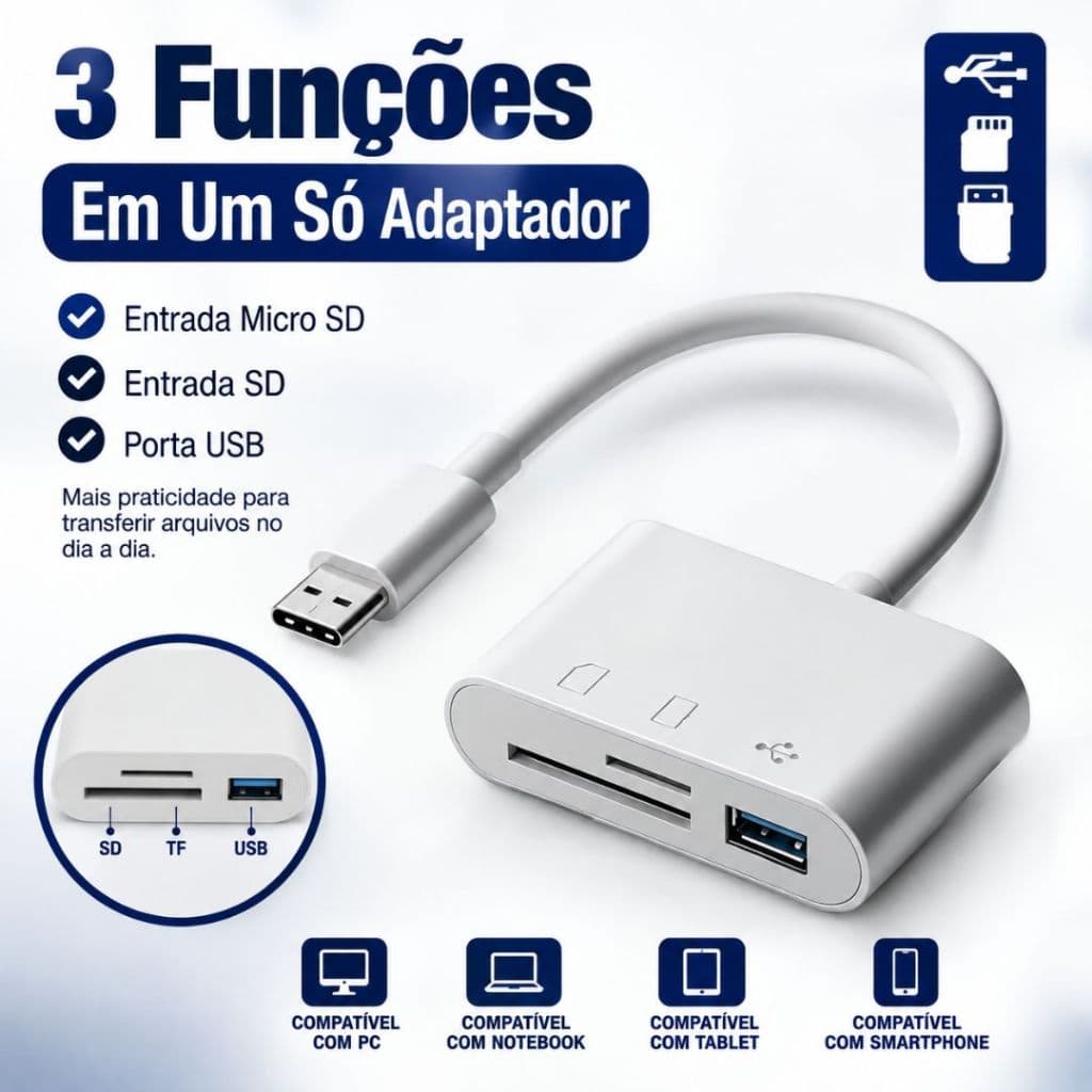 Leitor Cartão USB C 3 Em 1 OTG SD Micro SD Adaptador Para Celular Notebook Câmera