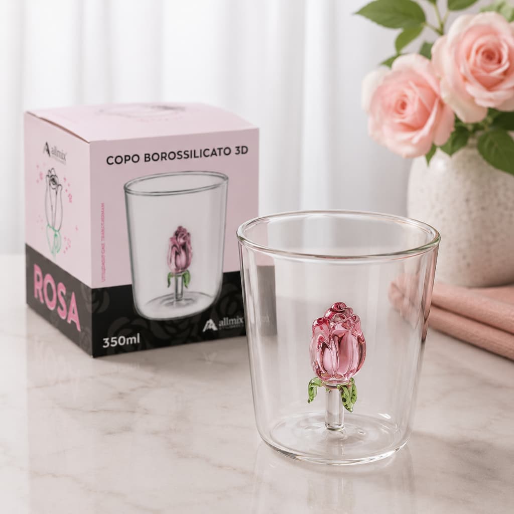 Copo 3d Rosa Vidro Personalizada 350ml Borossilicato Presente