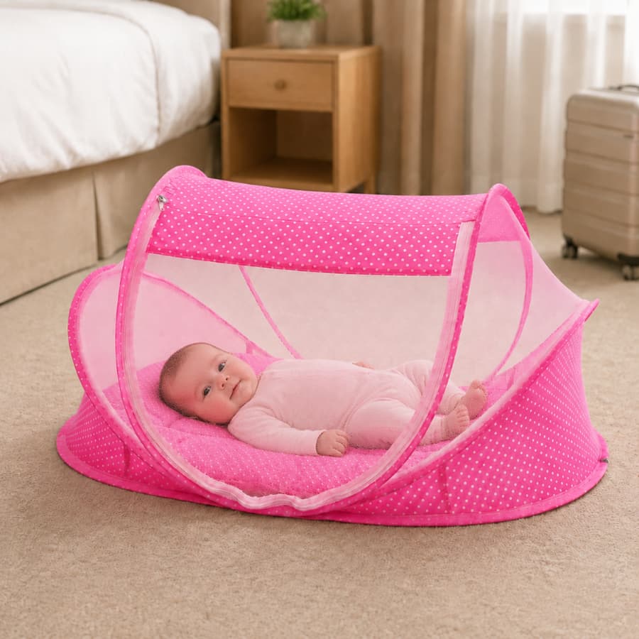 Mini Berço Portátil Com Mosquiteiro Ninho Confortável Macio Para Menina Enxoval Rosa