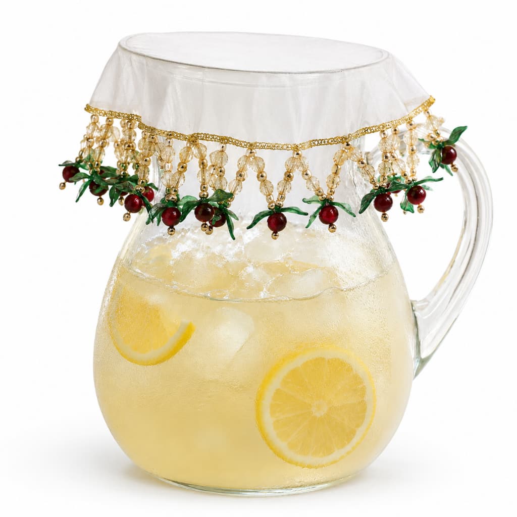 Cobre Jarra Cereja 20cm Pedrarias Organza Dourado Protetor para Jarra Suco Água Mesa Posta