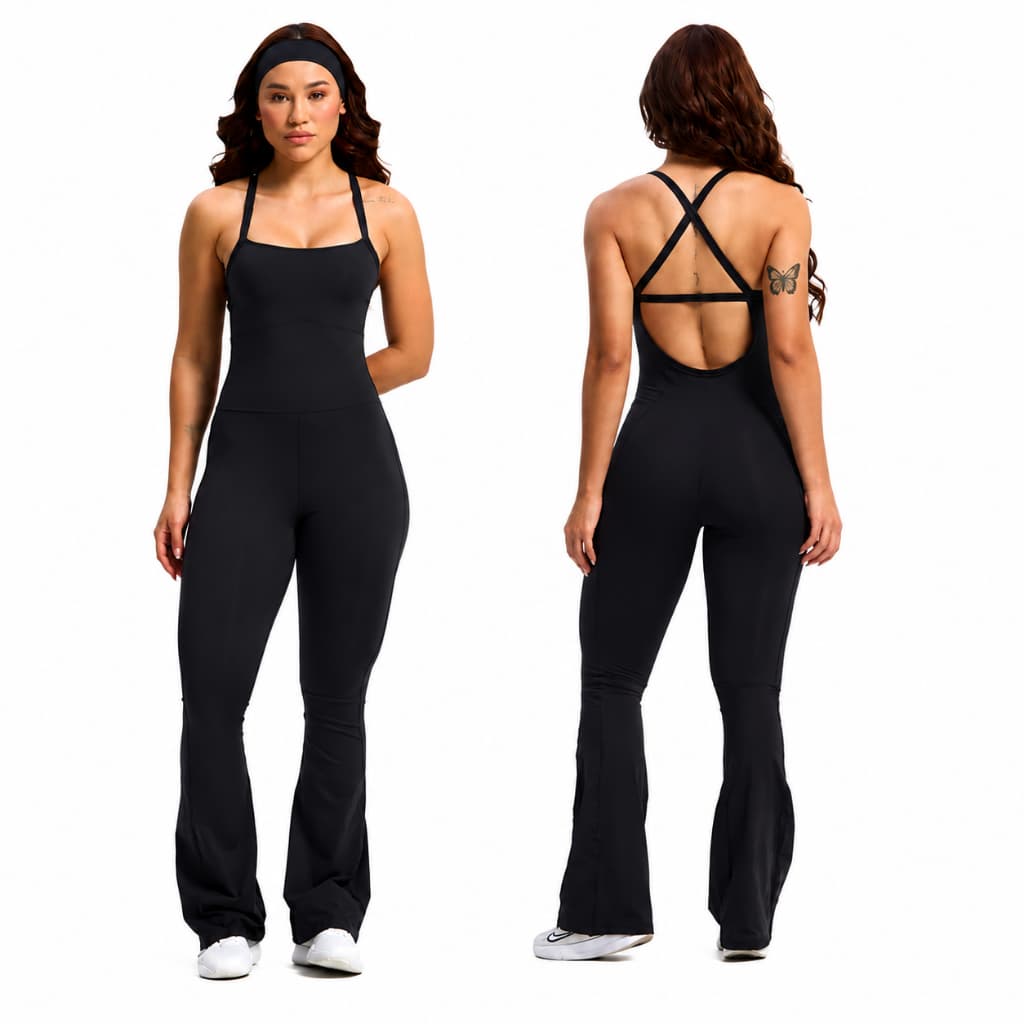 Macacão Feminino Fitness Flare Preto com Alças Cruzadas nas Costas Academia e Casual