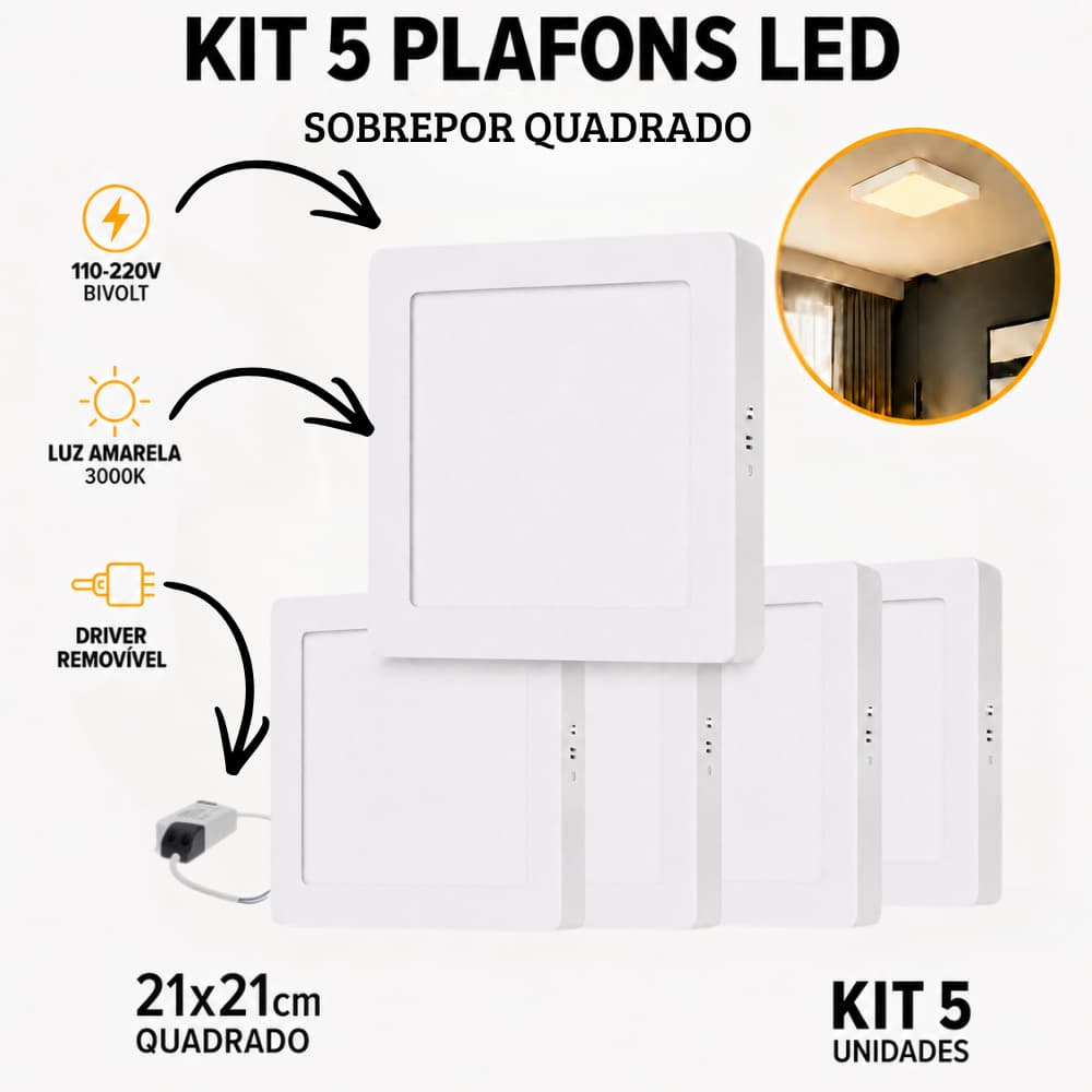 KIT 5 Plafon LED, Painel LED Sobrepor Quadrado Slim 18w luz amarela (amarela)21x21cm, 110-220v(BIVOLT)