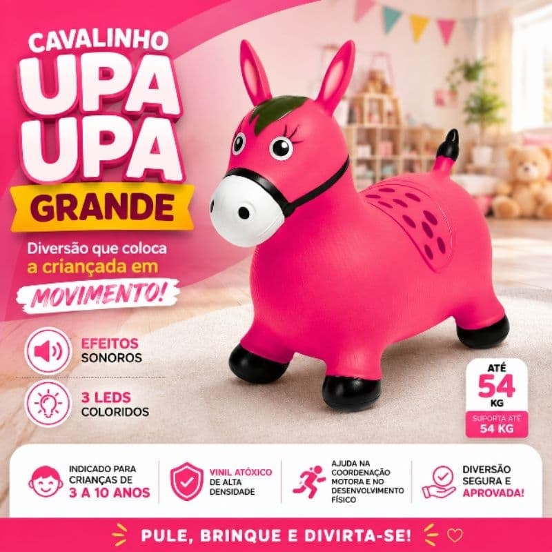 Cavalinho Upa Upa Pula Pula Infantil Grande Inflável com Som e Luz LED Rosa