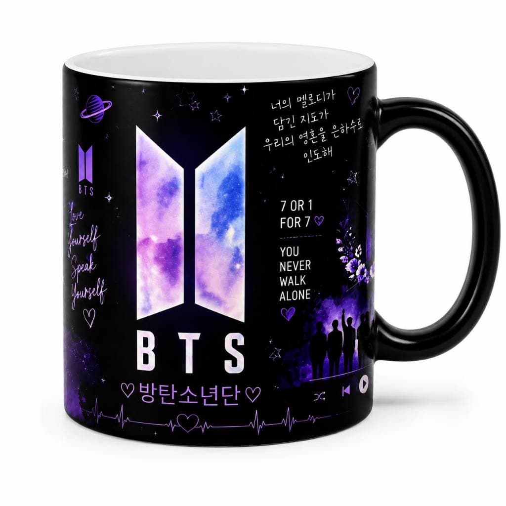 Caneca Mágica BTS ARMY Black 325ml Kpop Cerâmica Preta Termossensível Presente Fã BTS Bangtan