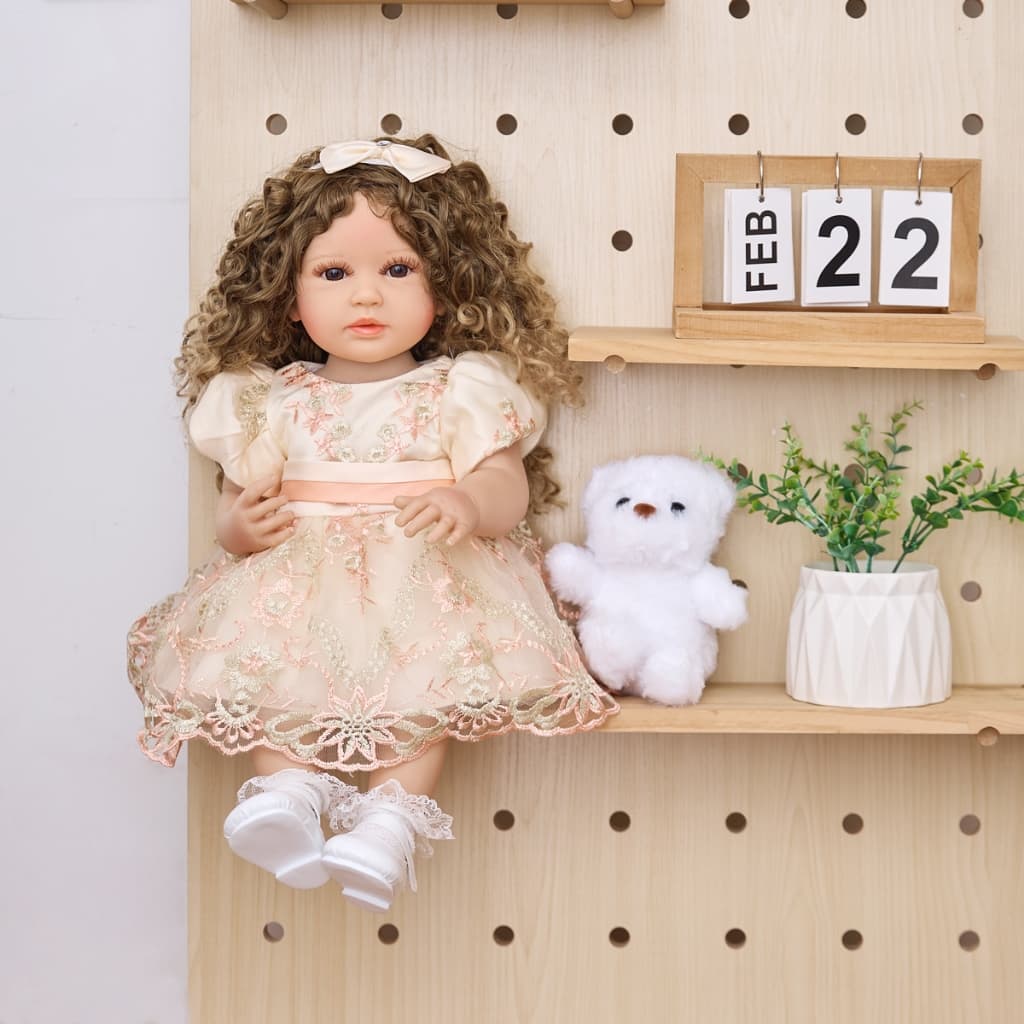 Bebê Reborn Boneca Silicone 55cm Menina Olho Castanho Laço Encaracolado com Acessórios