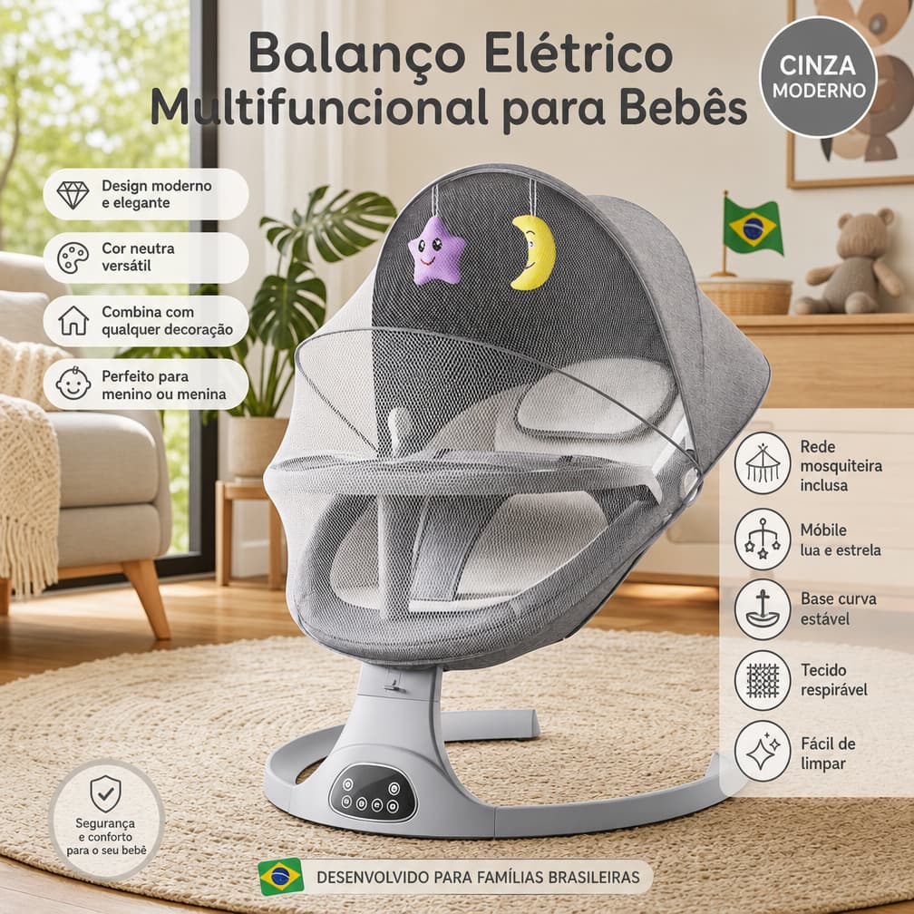 Balanço Elétrico Multifuncional para Bebê com Controle Remoto Bluetooth, 5 Velocidades e Função Relaxante