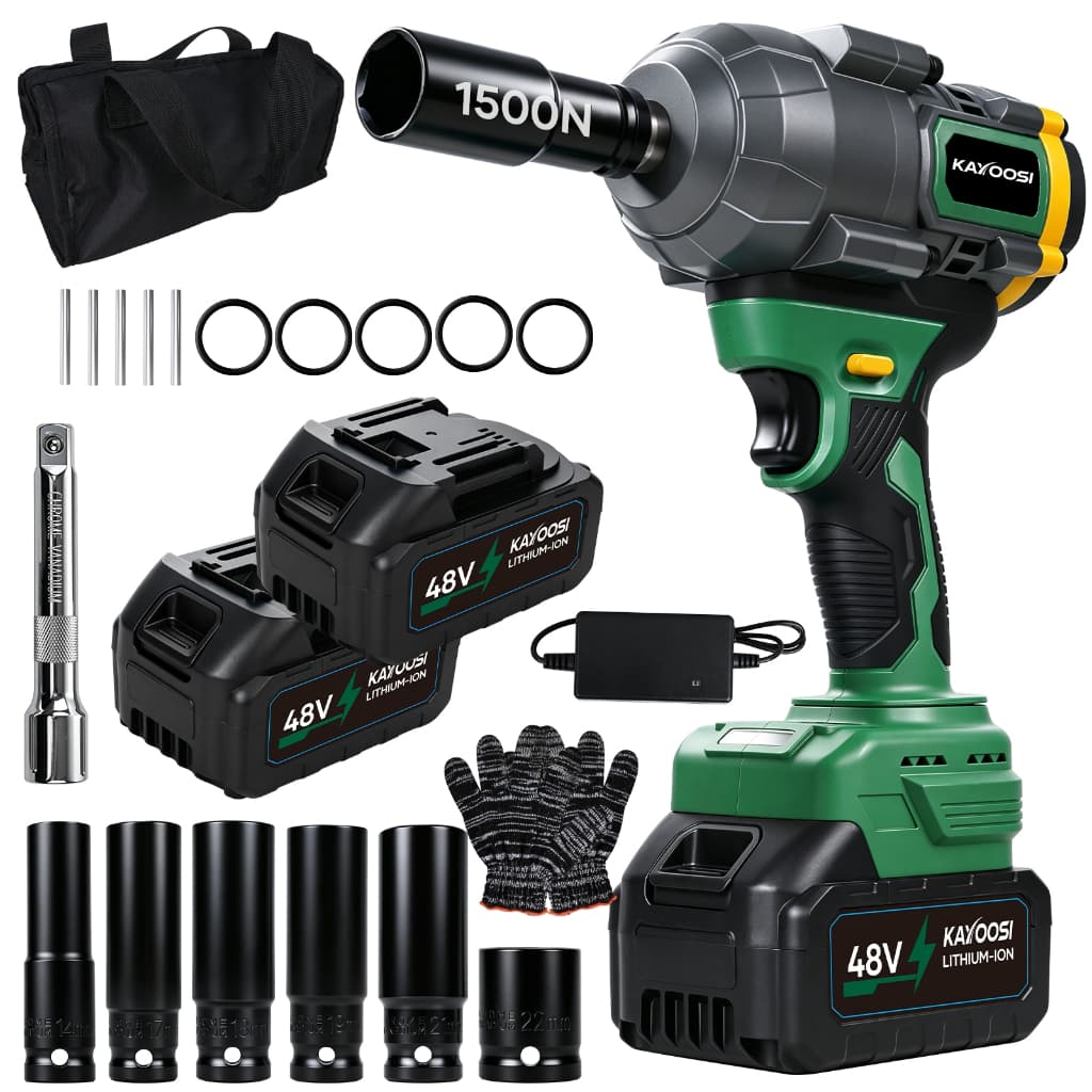 Chave de Impacto Elétrica Sem Fio 1500Nm 48V Brushless 1/2 Pol. com 2 Baterias 4000mAh e 6 Soquetes KAYOOSI