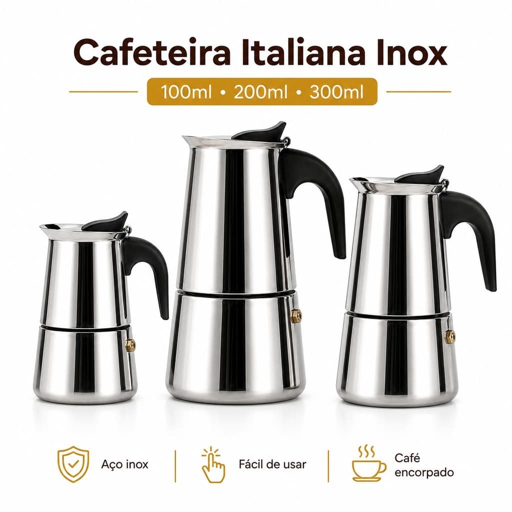 Cafeteira Italiana Moka em Aço Inox 100ml 200ml 300ml para Fogão, Cafeteira Portátil para Café Forte e Aromático