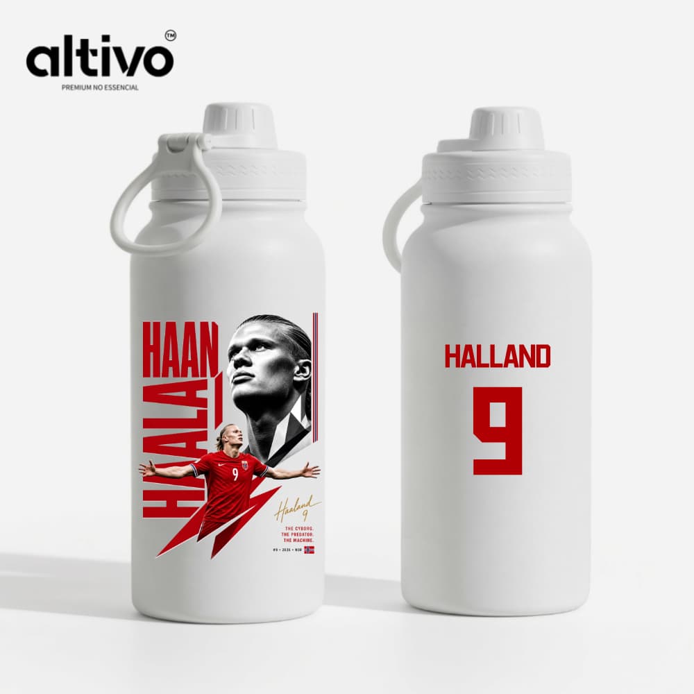 Garrafa Térmica Jogador de Futebol Norueguês Erling Haaland Aço Inoxidável Premium com Tampa Rosqueável e Alça 600ML