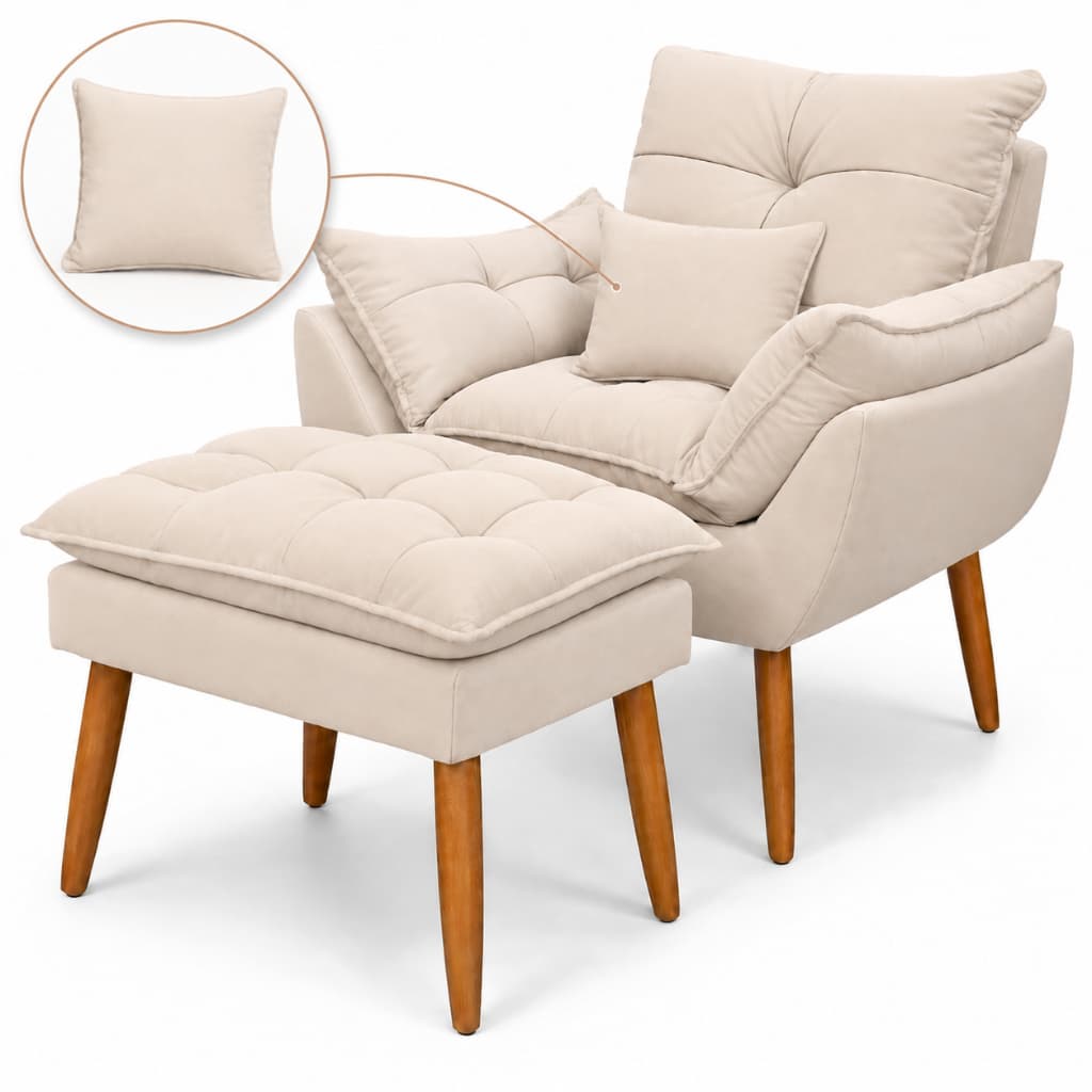 Poltrona Com Puff + Almofada Kit Completo Quarto de Bebê Sala Decoração Tecido Suede Fibra de Silicone