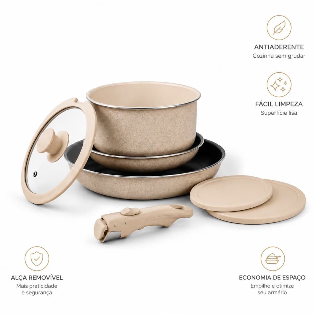 Conjunto Panelas Removivel 7 Pecas Antiaderente Utensilios Cozinha Facil Limpeza