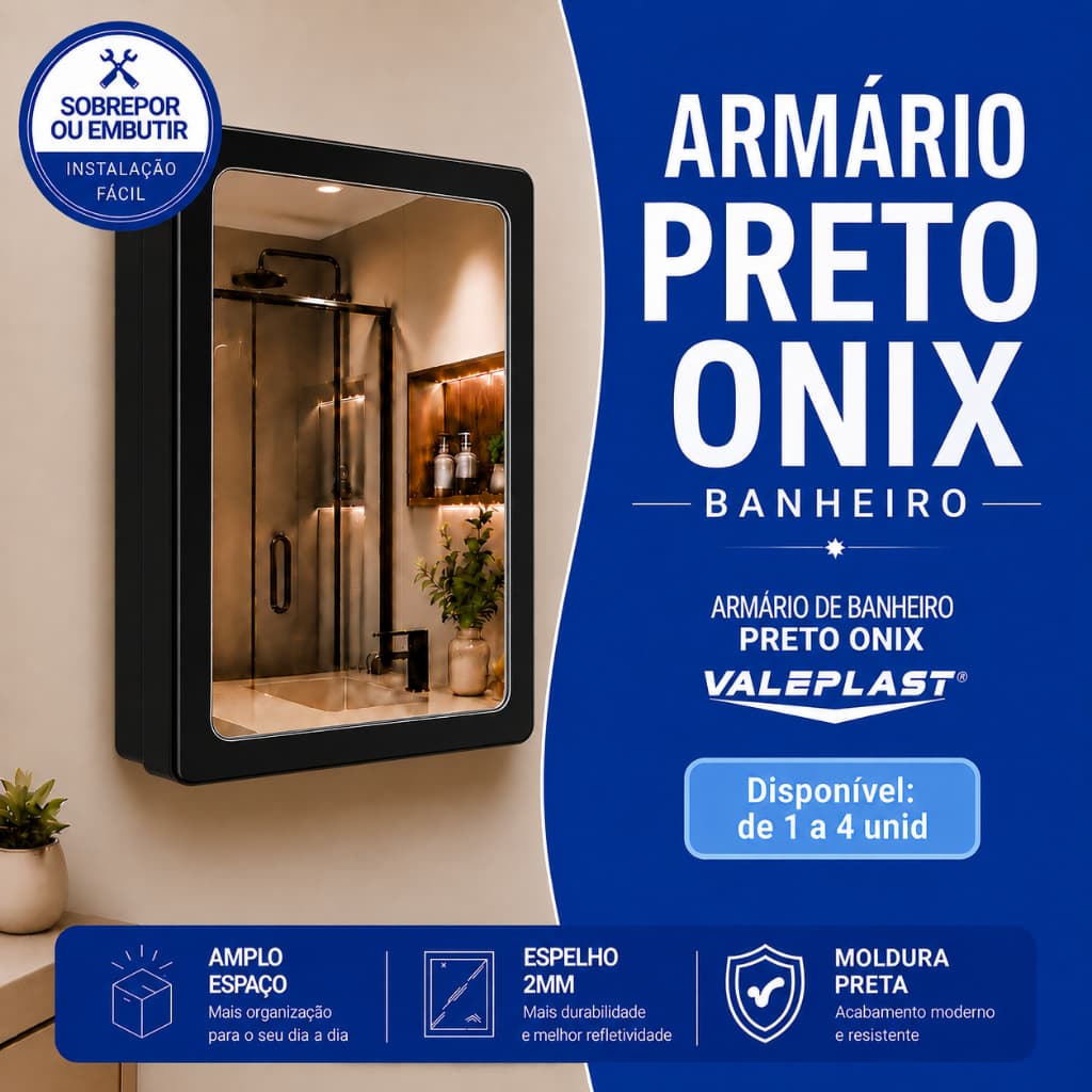 Armário Plástico Banheiro Espelho 2mm Moldura Preto Espelheira Sobrepor Embutir Parafusos Vidro Buchas Preto Onix