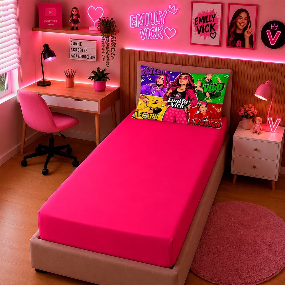 KIT LENÇOL 2 PEÇAS SOLTEIRO TEMA OS ROSA EMILLY VICK COM ELASTICO E FRONHA 200 FIOS MICROPERCAL
