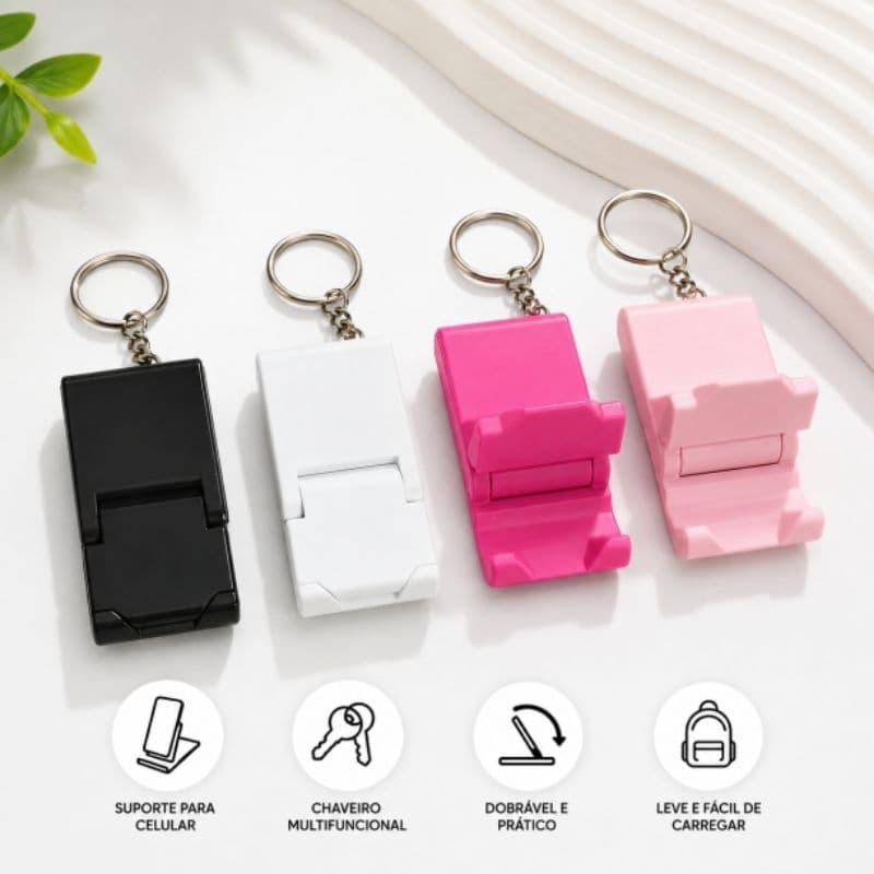 Chaveiro Multifuncional 3 em 1 Suporte para Celular + Abridor de Latas Dobrável