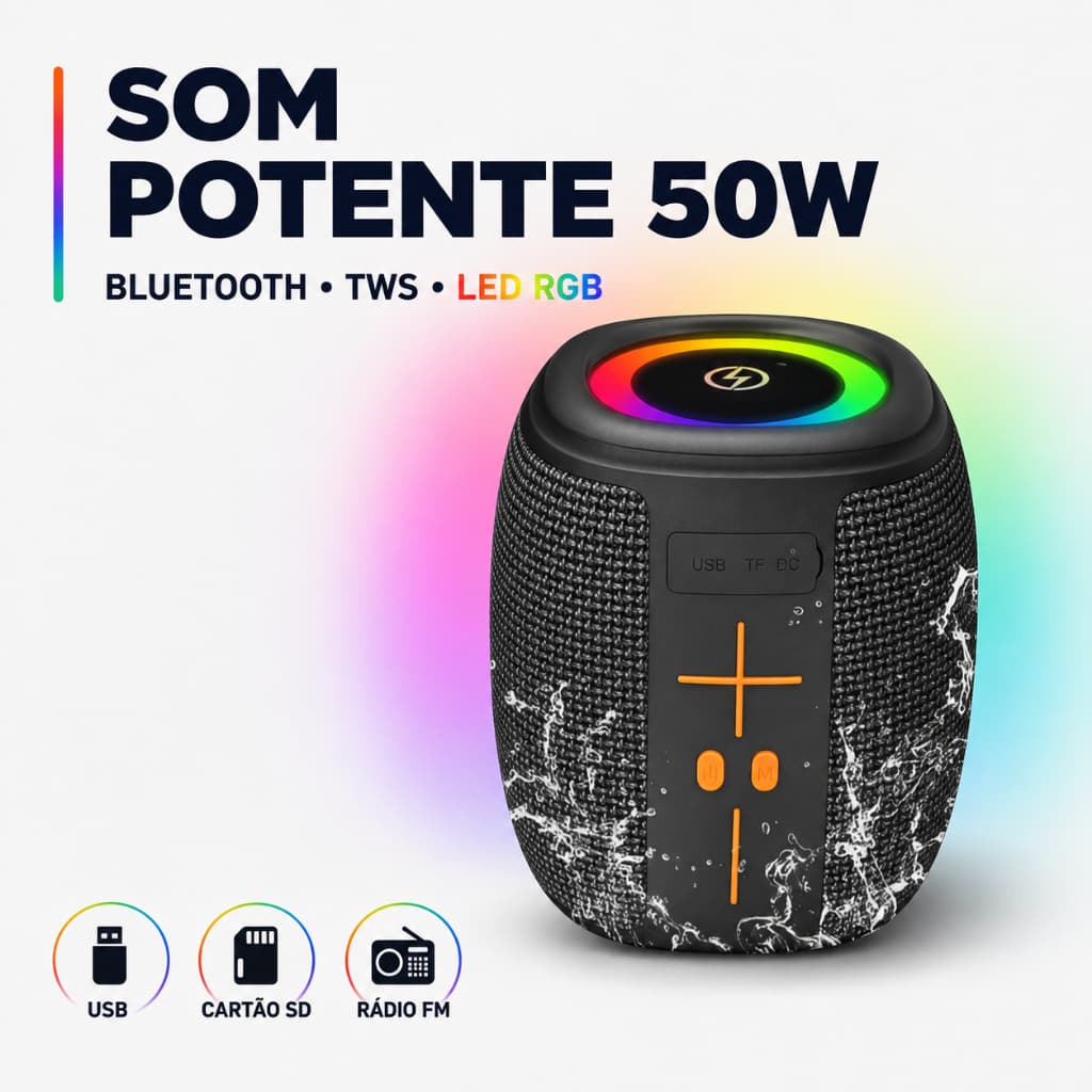 Caixa de Som Portátil Bluetooth Kapbom KA-8596 50W TWS, Luz LED, Entrada USB/SD/FM, Graves Potentes para Festa