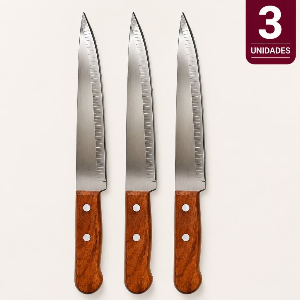 Kit 3 Faca De Cozinha 6” 26cm Aço Inox Cabo De Bambu Afiadas Para Carnes Churrasco Profissional