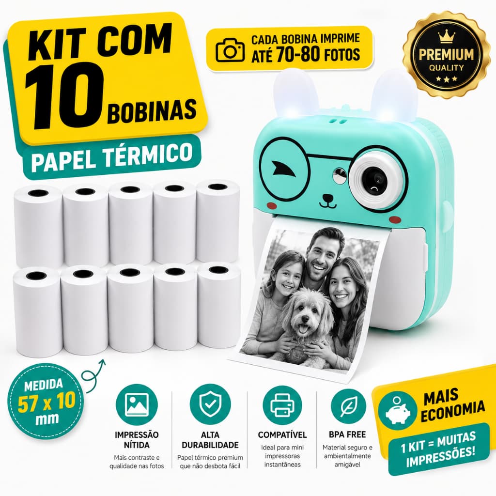 Papel Térmico Premium 57x10mm Kit Com 10 Bobinas Alta Definição BPA Free