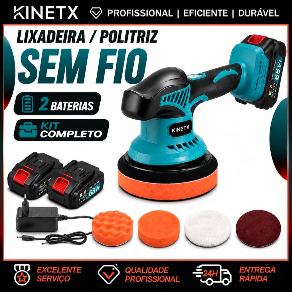 Lixadeira Politriz Orbital Sem Fio 68VF com 2 Baterias Carregador Kit 4 Acessórios Multifunções Automotiva angular