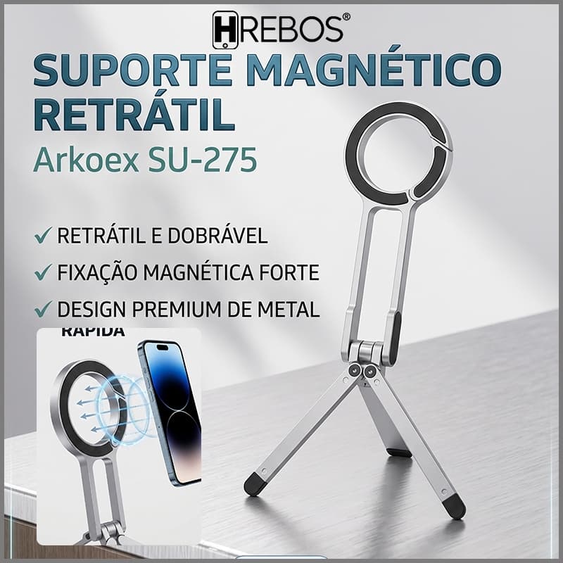 Hrebos suporte magnético celular, suporte retrátil de metal, tripé portátil magsafe, suporte dobrável para mesa