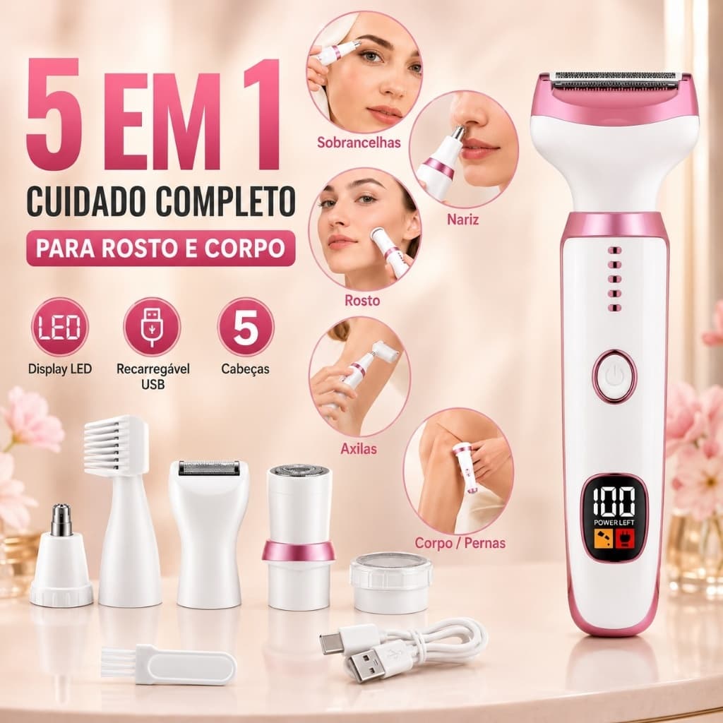 Depilador Elétrico Feminino 5 em 1 M7 com Display LED Recarregável USB para Rosto Sobrancelha Nariz Axila e Corpo