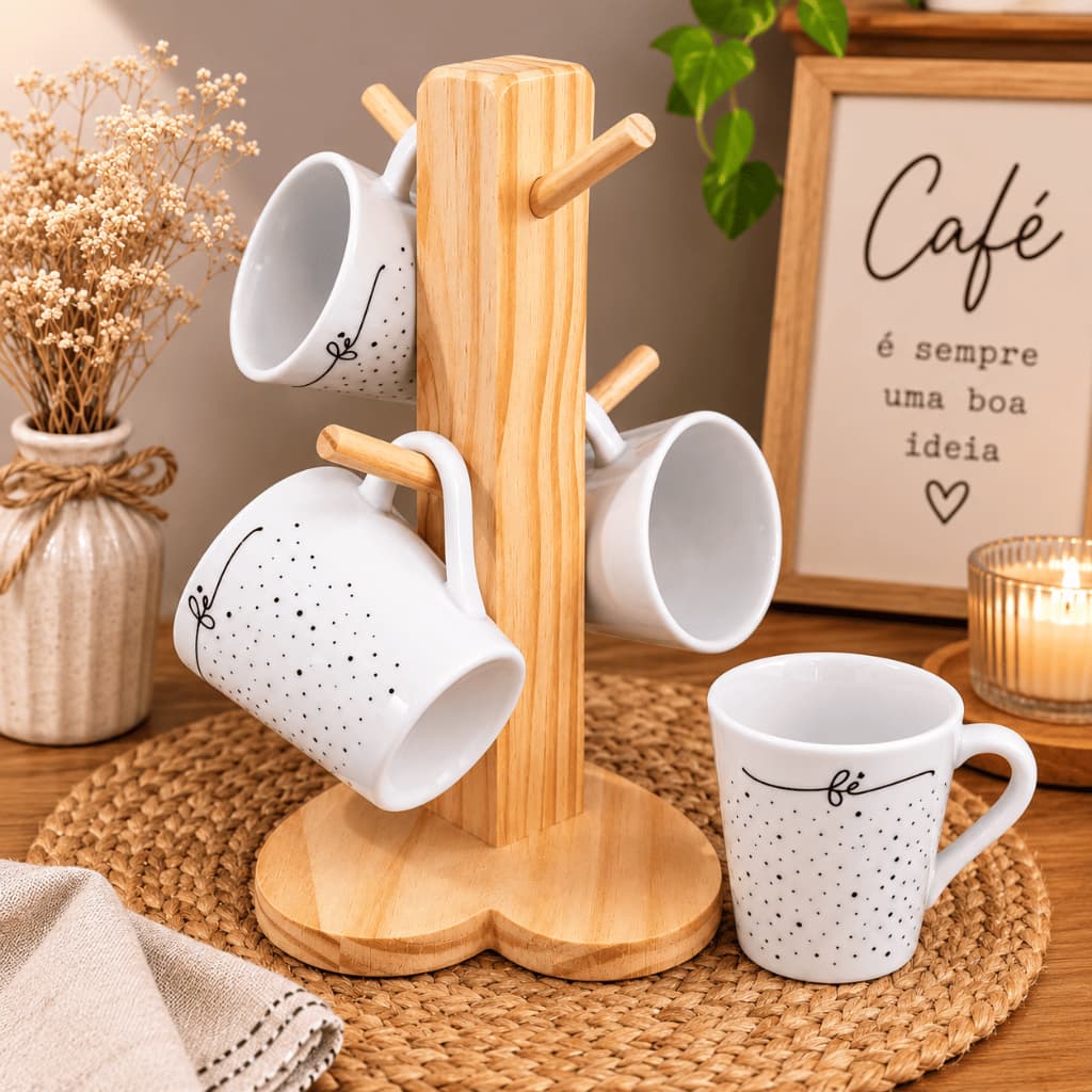 Kit 4 Xícaras para Café 120ml com Suporte de Madeira Porta Xícaras Cantinho do Café