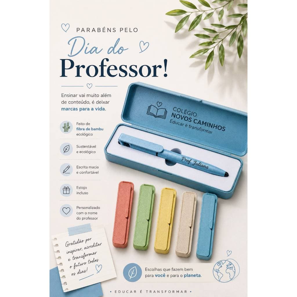 Estojo Fibra de Bambu + Caneta Touch com Suporte Personalizado Dia dos Professores - Kit 10 Unidades