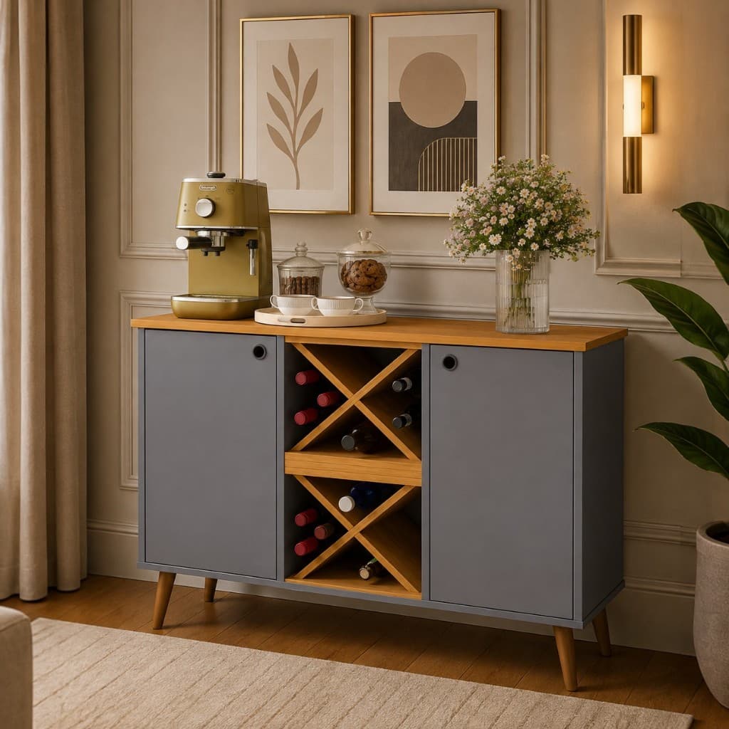 Aparador Buffet Elegance com Adega 12 Garrafas 2 Portas Prateleiras Pés Madeira para Sala Cozinha Bar