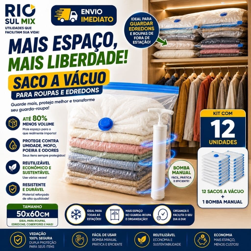 12 Sacos Organizadores A Vácuo  Fecho Duplo 50x60 Protege Mofo + Bomba Para Roupas e Cobertores
