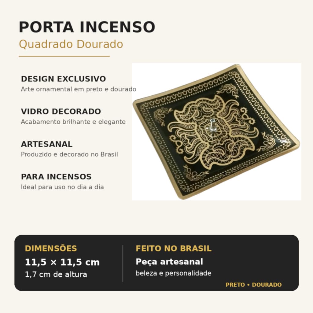 Porta Incenso Quadrado em vidro lindamente decorado em preto e dourado