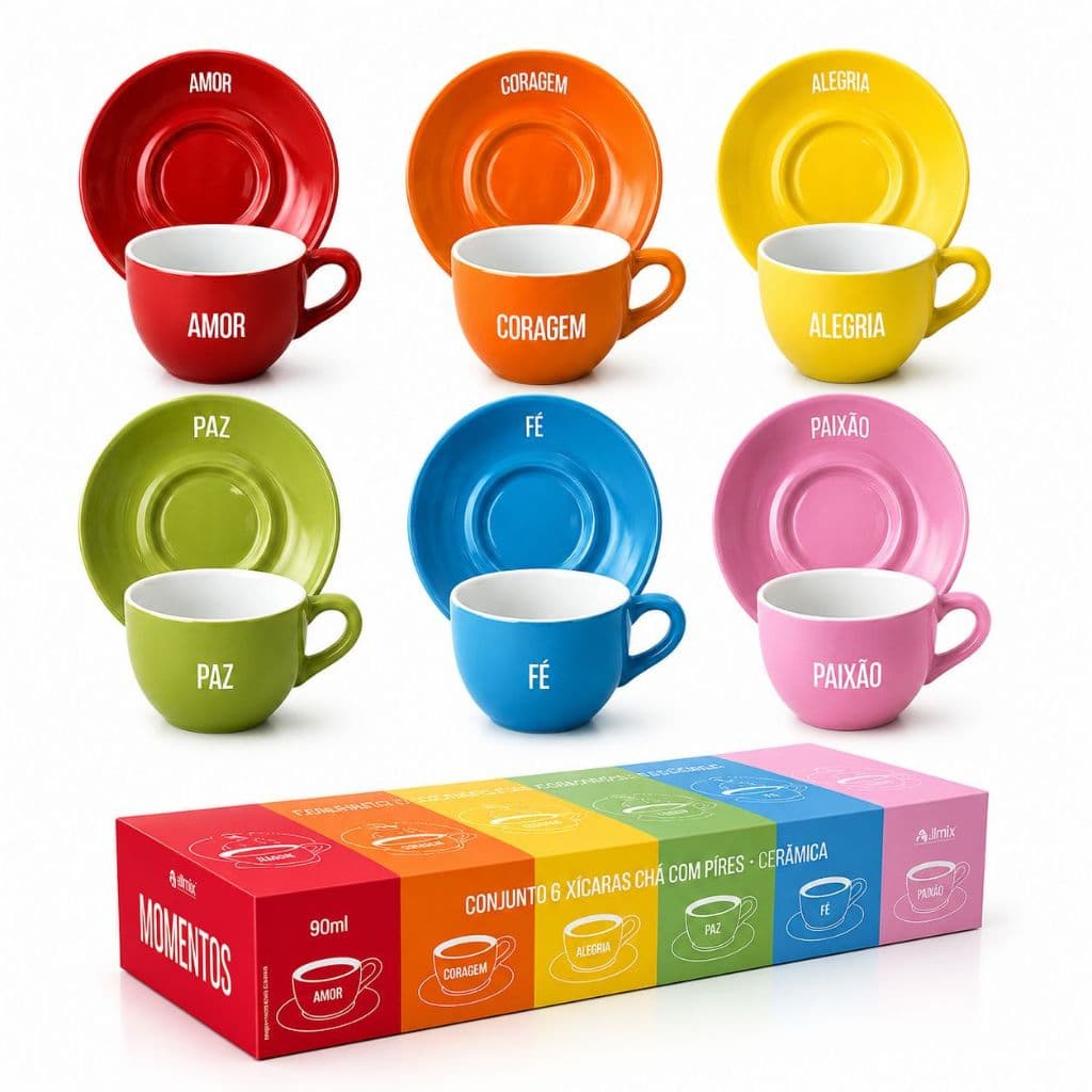 Jogo 6 Xícaras Café Chá Com Pires Cerâmica 90ml Momentos Emoções