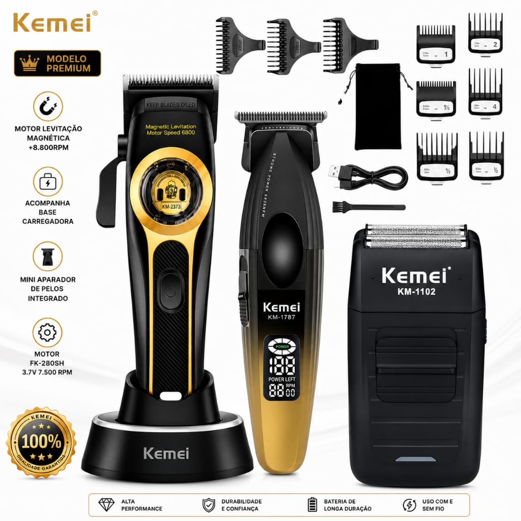 kit 3 máquinas kemei Profissional Máquina de corte km-2373 + Acabamento km-1787 + Barbeador km-1102 +9000RPM Premium