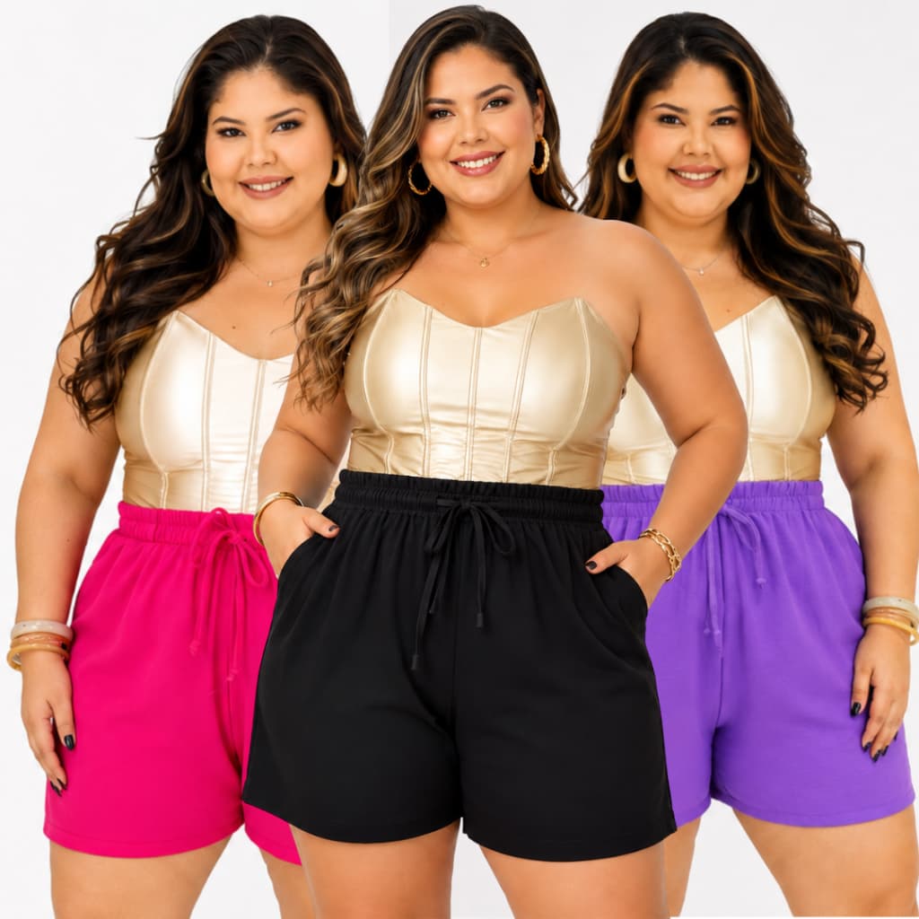 Kit 3 Shorts plus size feminino basico tecido duna macio e fresco com bolso g1 ao g3 tamanho grande