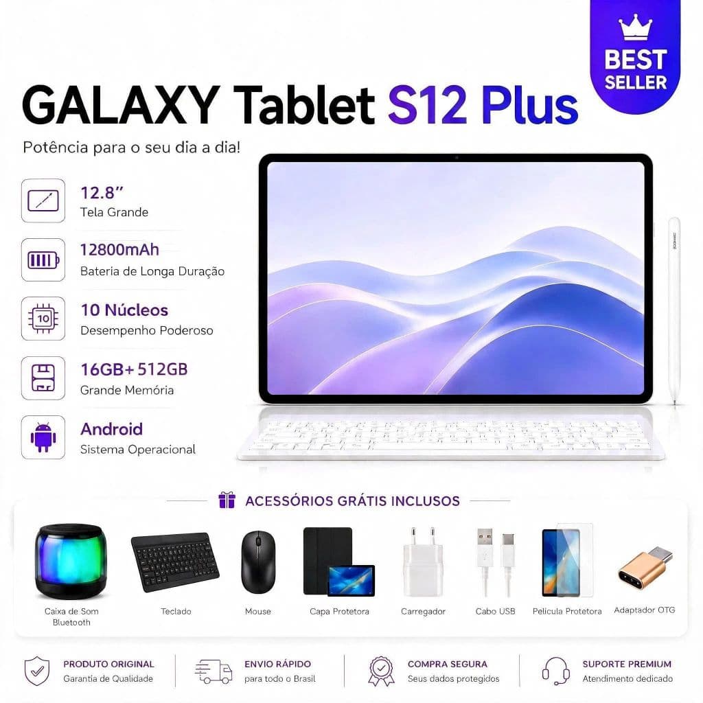 Tablet Galaxy S12Plus Wi-Fi Tela 12.8 Polegadas 120Hz, 16GB+512GB Câmera 12800mAh 24MP+48MP Prata 5G