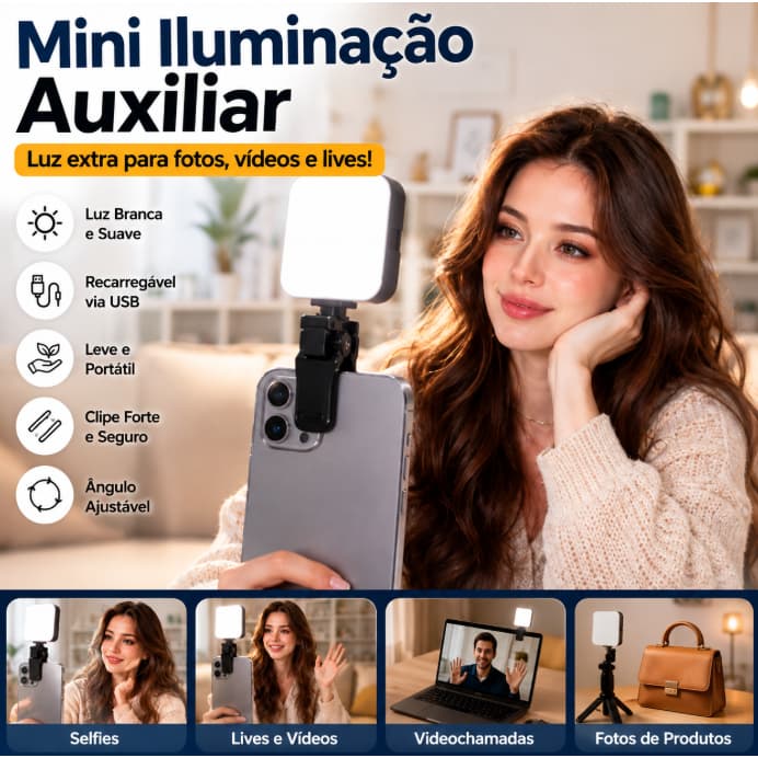 Mini Luz LED Auxiliar com Clipe para Celular Selfie Vídeo Maquiagem Iluminação Portátil Recarregável